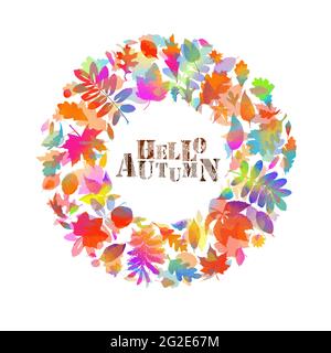 Cornice rotonda fatta da foglie. Cornice floreale. Supporti misti. Ciao, autunno. Illustrazione vettoriale Illustrazione Vettoriale