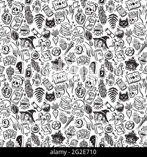 Misticismo stregoneria occulta disegnata a mano icona set di illustrazione Illustrazione Vettoriale