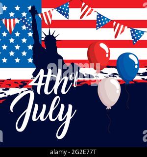 4 luglio con statua liberty e palloncini Illustrazione Vettoriale
