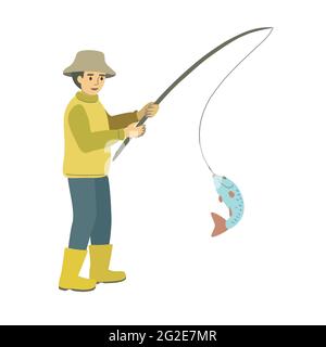 Un pescatore in stivali gialli e un cappello catturato un pesce con una canna da pesca isolato su uno sfondo bianco. Illustrazione Vettoriale