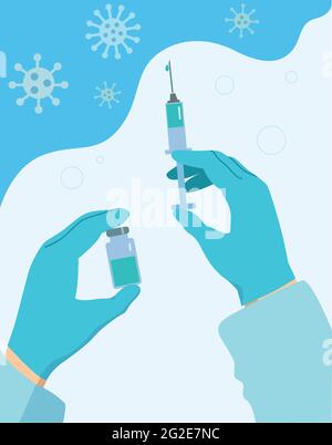 Le mani nei guanti medici reggono una siringa piena. Concetto di vaccinazione covid 19. Colori blu e bianco. Illustrazione Vettoriale