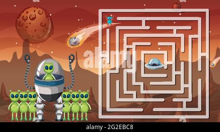 Gioco di labirinto con illustrazione del modello di tema di spazio Illustrazione Vettoriale