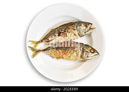 Pesce sgombro fritto in stile thailandese in piatto bianco Foto Stock