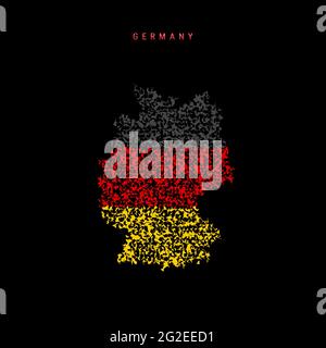 Mappa della bandiera tedesca, schema di particelle caotiche nei colori della bandiera tedesca. Illustrazione vettoriale isolata su sfondo nero. Illustrazione Vettoriale