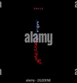 Mappa della bandiera cilena, schema di particelle caotiche nei colori della bandiera cilena. Illustrazione vettoriale isolata su sfondo nero. Illustrazione Vettoriale