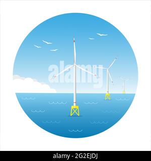 Vento fattoria al mare. Centrale eolica. Illustrazione Vettoriale