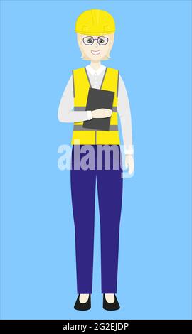 Donna ingegnere in casco giallo e gilet. Illustrazione Vettoriale