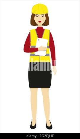 Donna ingegnere in casco giallo e gilet. Illustrazione Vettoriale