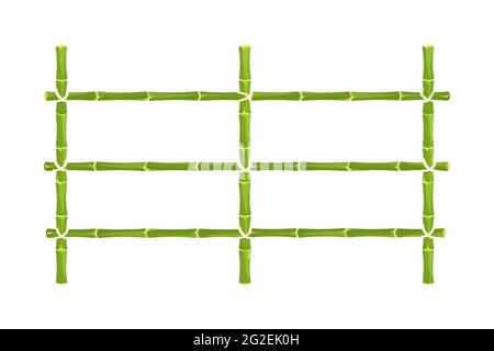 Recinzione di bambù verde con corda in stile cartone animato isolato su sfondo bianco. Barriera naturale da bastoni, tavole. Protezione rustica all'aperto. Asiatico, tri Illustrazione Vettoriale