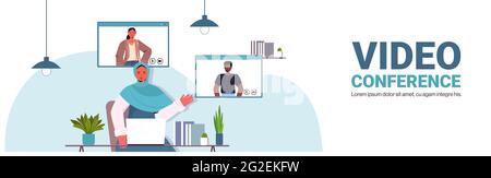 arab businesswoman chattare con colleghi di gara mix durante la videochiamata uomini d'affari che hanno una conferenza online Illustrazione Vettoriale