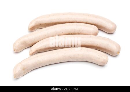 Quattro Thüringer Rostbratwurst, salsicce tedesche grezze isolate su bianco Foto Stock