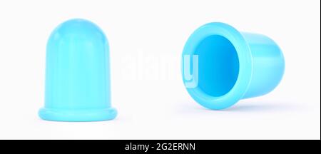 Strumento di massaggio anti-cellulite con bolle in silicone. Coppa anticellulite con massaggio blu isolata su sfondo bianco. Rendering 3D. Vista frontale e laterale. Foto Stock