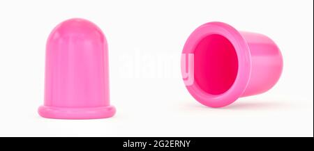 Strumento di massaggio anti-cellulite con bolle in silicone. Coppa di massaggio rosa anticellulite isolata su sfondo bianco. Rendering 3D. Vista frontale e laterale. Foto Stock
