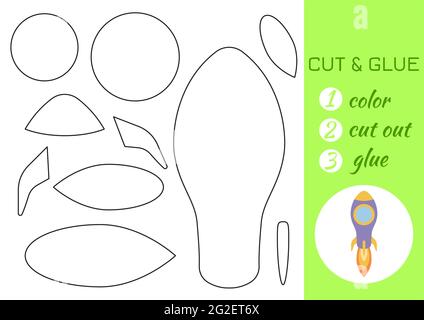 Elicottero viola a colori, in carta tagliata e incollata. Taglia e incolla la pagina di attività di artigianato. Gioco educativo per bambini in età prescolare. Foglio di lavoro fai da te. gam logica bambini Illustrazione Vettoriale