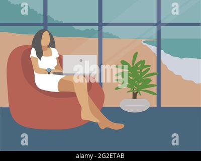 Godendo la donna di illustrazione di affari con l'illusione del vettore del laptop Illustrazione Vettoriale