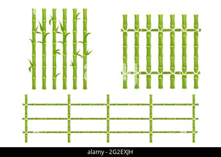 Set recinto di bambù verde con corda, picket da bastoni, parete natura in stile cartone animato isolato su sfondo bianco. Barriera naturale da bastoni, tavole. Illustrazione Vettoriale