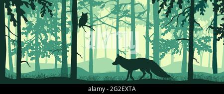 Banner orizzontale del paesaggio forestale. Volpe e scoiattolo nella magica foresta di misty. Sagome di alberi e animali. Sfondo blu e verde, illustrati Illustrazione Vettoriale