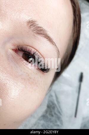 Lash estensioni in salone di bellezza macro occhio vista dall'alto Foto Stock