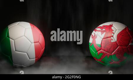 Due palline da calcio in colori bandiere su sfondo astratto nero. Italia e Galles. immagine 3d Foto Stock
