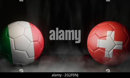 Due palline da calcio in colori bandiere su sfondo astratto nero. Italia e Svizzera. immagine 3d Foto Stock