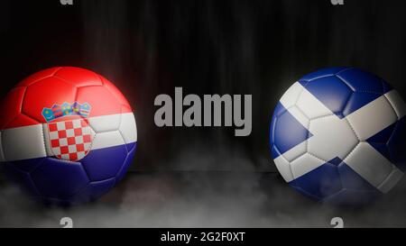 Due palline da calcio in colori bandiere su sfondo astratto nero. Croazia e Scozia. immagine 3d Foto Stock