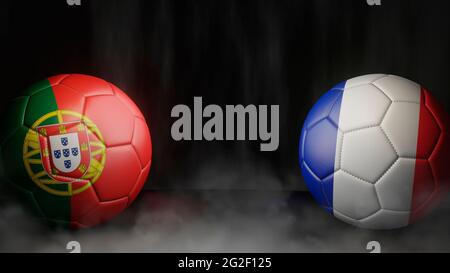 Due palline da calcio in colori bandiere su sfondo astratto nero. Portogallo e Francia. immagine 3d Foto Stock