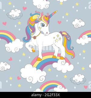 Motivo senza cuciture con simpatico unicorno in piedi su un arcobaleno su sfondo grigio. Illustrazione vettoriale per partito, stampa, acquazzone del bambino, carta da parati, disegno, dic Illustrazione Vettoriale