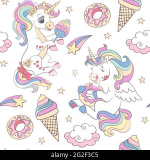 Modello senza cuciture con simpatici unicorni mangiare ciambelle, caramelle di cotone e gelato su sfondo bianco. Illustrazione vettoriale per party, stampa, baby shower, wal Illustrazione Vettoriale