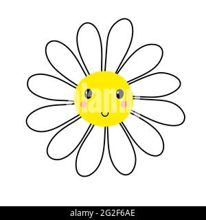 Kawaii Daisy. Carino camomilla isolato su sfondo bianco. Fiore personaggio cartoon. Sorridente Doodle faccia. Mascotte camomilla Kawaii per stampe, imballaggi, Illustrazione Vettoriale