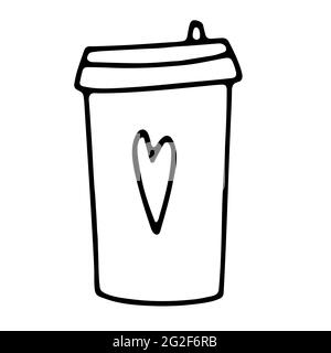 Doodle caffè per andare a tazza. Deliziosa bevanda calda isolata su sfondo bianco. Contorno tè, latte, cappuccino, americano, tazza da asporto con cuore, coperchio. Vect Illustrazione Vettoriale