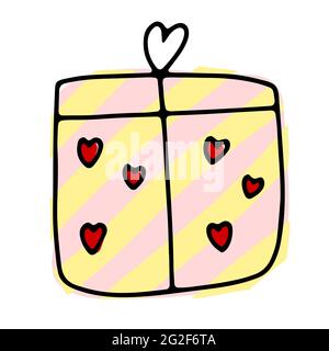 Adesivo regalo carino doodle. Presenza a strisce disegnate a mano isolata su sfondo bianco. Sorpresa a cuore che avvolge la carta con arco. Festa di San Valentino Illustrazione Vettoriale