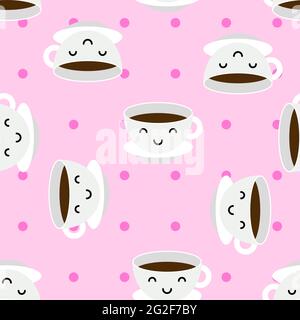 Caffè Kawaii o tazze da tè modello senza cuciture. Cute sfondo rosa punteggiato con bevande calde tazze bianche. Happy drink mascotte. Carattere gioioso del cibo. Sorridente Illustrazione Vettoriale