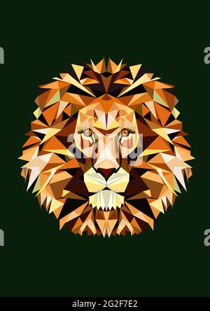 Testa del leone poligonale davanti. Golden Wild animale faccia su sfondo verde. Mascotte mosaico di triangoli. Verticale a basso carattere poly per stampa, adesivo, Illustrazione Vettoriale