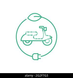 Cartello scooter elettrico. Icona linea scooter e. Ciclomotore alimentato a batteria all'interno del cerchio con una spina e una foglia. Consegna ecocompatibile. Emissioni zero Illustrazione Vettoriale