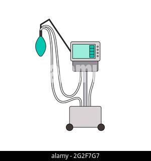 Icona della linea del ventilatore medico. Colore ventilazione meccanica polmoni macchina isolata su sfondo bianco. Apparecchio per pazienti con difficoltà respiratorie, Illustrazione Vettoriale