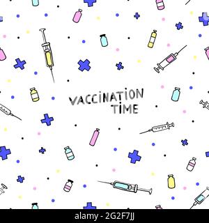 Tempo di vaccinazione. Modello di doodle medico senza soluzione di continuità. Influenza, malattie, prevenzione delle malattie, assistenza sanitaria. Illustrazione vettoriale con mano farmaceutica-d Illustrazione Vettoriale