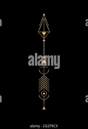Design di lusso con freccia in oro. Minimalismo vettoriale, totem di geometria sacra, elementi di design hipster. Arte vettoriale, clipart. Astratto d'oro Sym geometrico mistico Illustrazione Vettoriale