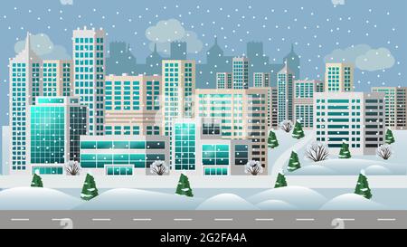 Paesaggio urbano con grandi edifici moderni. Città intelligente, business center, case con grattacieli. Per sfondo urbano, concept o scena metropoli. Illustrazione Vettoriale