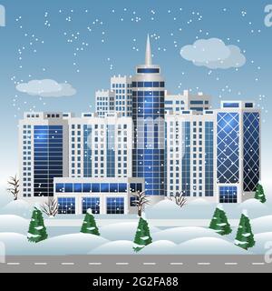 Paesaggio urbano invernale. Centro commerciale, uffici, grandi case e grattacieli. Natale, neve, strada. Moderno paesaggio urbano sfondo in fl Illustrazione Vettoriale