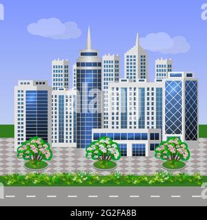 Eco città paesaggio urbano. Edifici moderni, alberi verdi e cespugli. Paesaggio urbano con grandi case, uffici, strada. Stile piatto, vettore Illustrazione Vettoriale