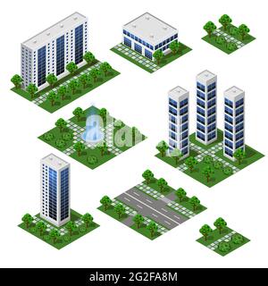 Edifici moderni 3D City. Moduli isometrici urbani isolati, edifici di uffici, uffici e strade, case, parco esterno, Vector Set per il paesaggio urbano Illustrazione Vettoriale