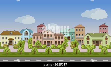 Paesaggio urbano vettoriale. Insieme di case cittadine lungo la strada della città, marciapiedi, estate o primavera, alberi e cespugli in fiore. Sfondo senza cuciture per il carotaggio Illustrazione Vettoriale