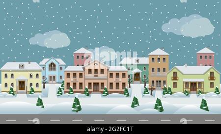 Paesaggio urbano vettoriale. Insieme di case cittadine lungo la strada della città, marciapiedi, inverno con fiocchi di neve e alberi nella neve. Sfondo senza cuciture per cartoon o. Illustrazione Vettoriale