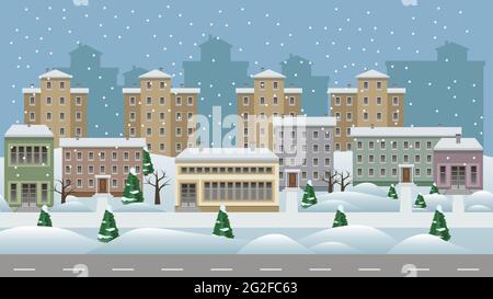 Sfondo cartoon paesaggio urbano invernale. Moderno paesaggio cittadino con case e negozi in neve lungo una strada, alberi e passeggiate. Design piatto. Illustrazione Vettoriale