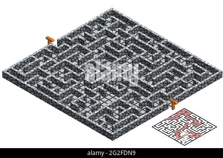 Labirinto 3D, labirinto isometrico con pareti in pietra. Design a livello di gioco per puzzle o dungeon fuga gioco. Struttura in pietra grigia . Illustrazione vettoriale Illustrazione Vettoriale