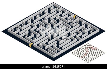 Labirinto 3d, vista isometrica. Puzzle labirinto o fuga di progettazione di gioco con soluzione. Illustrazione vettoriale Illustrazione Vettoriale