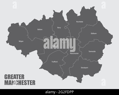 Greater Manchester mappa amministrativa divisa in distretti con etichette, Inghilterra Illustrazione Vettoriale