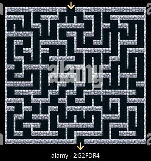Labirinto 3D, labirinto con muri di pietra.Dungeon fuga o puzzle di livello di progettazione. Vista dall'alto verso il basso. Illustrazione vettoriale Illustrazione Vettoriale