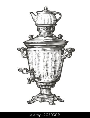 Samovar per acqua bollente. Tradizionale russo vecchio stile di bere tè. Illustrazione vettoriale dello schizzo Illustrazione Vettoriale