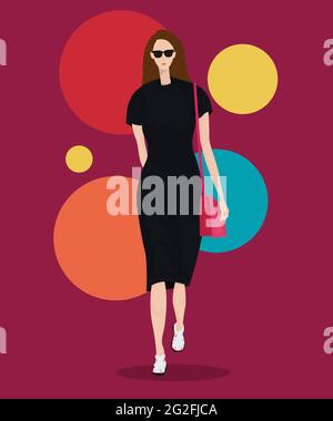 L'ultima Street Style Fashion lady nero elegante abito Illustrazione, piatto Vector illustrazione Foto Stock